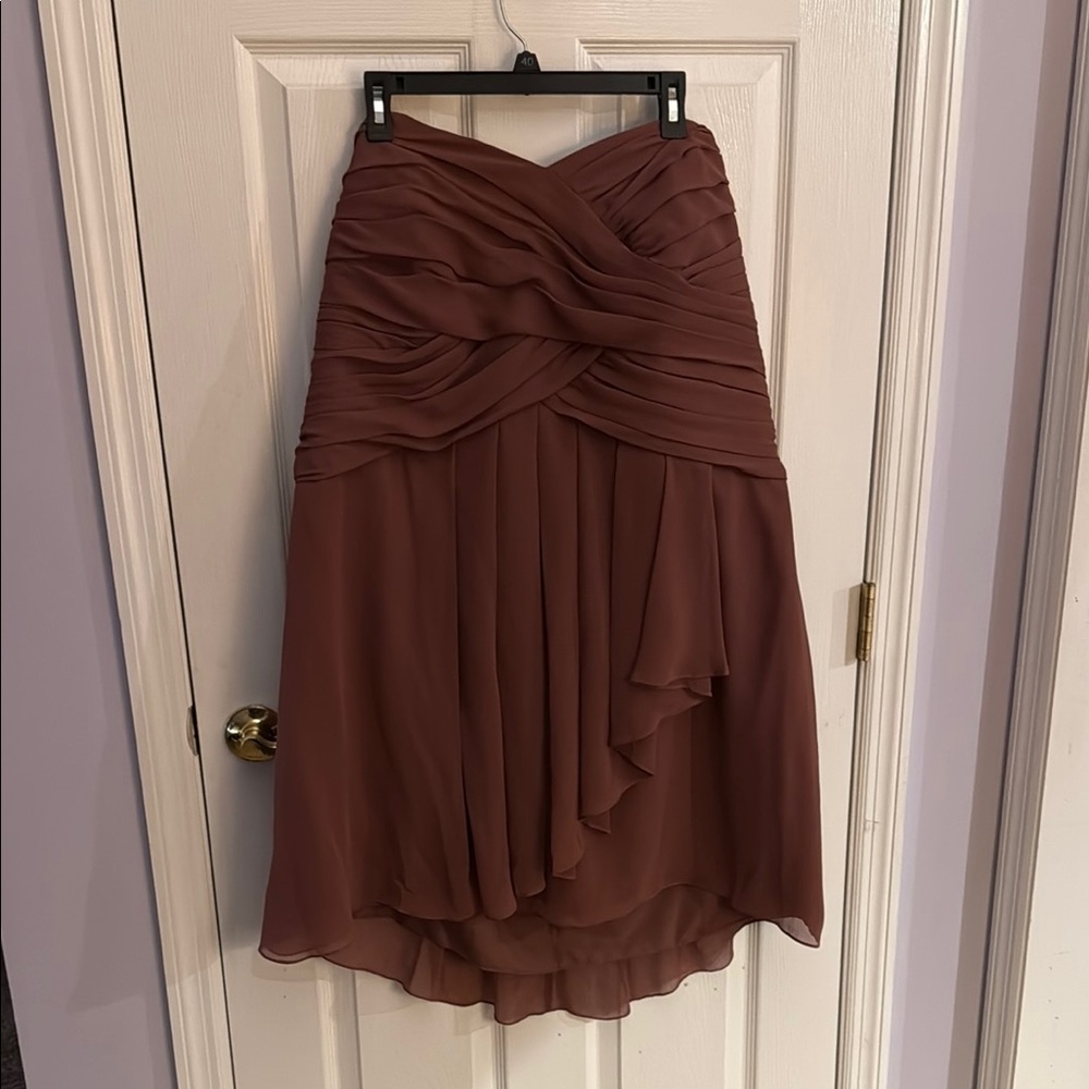 David's Bridal Brown Ruched High-Low Midi Dress